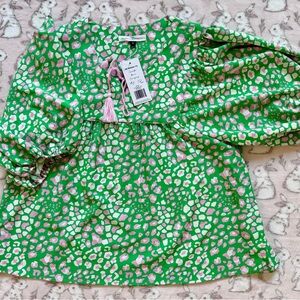 Green & Pink Puff Sleeve Peasant Top NWT